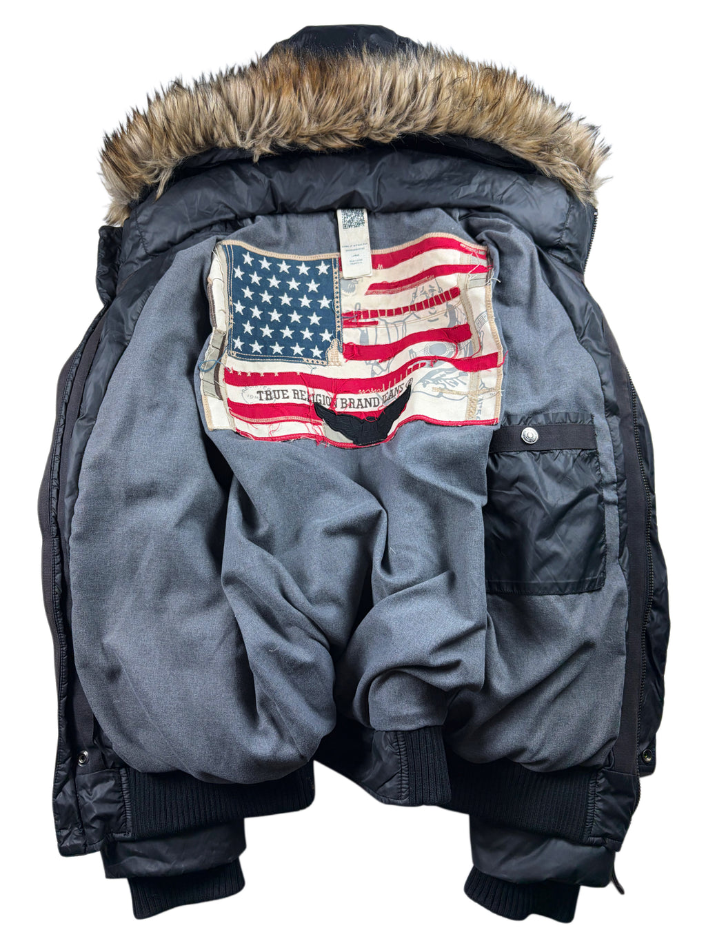 True Religion faux fur hooded down puffer jacket - men’s L/XL - black