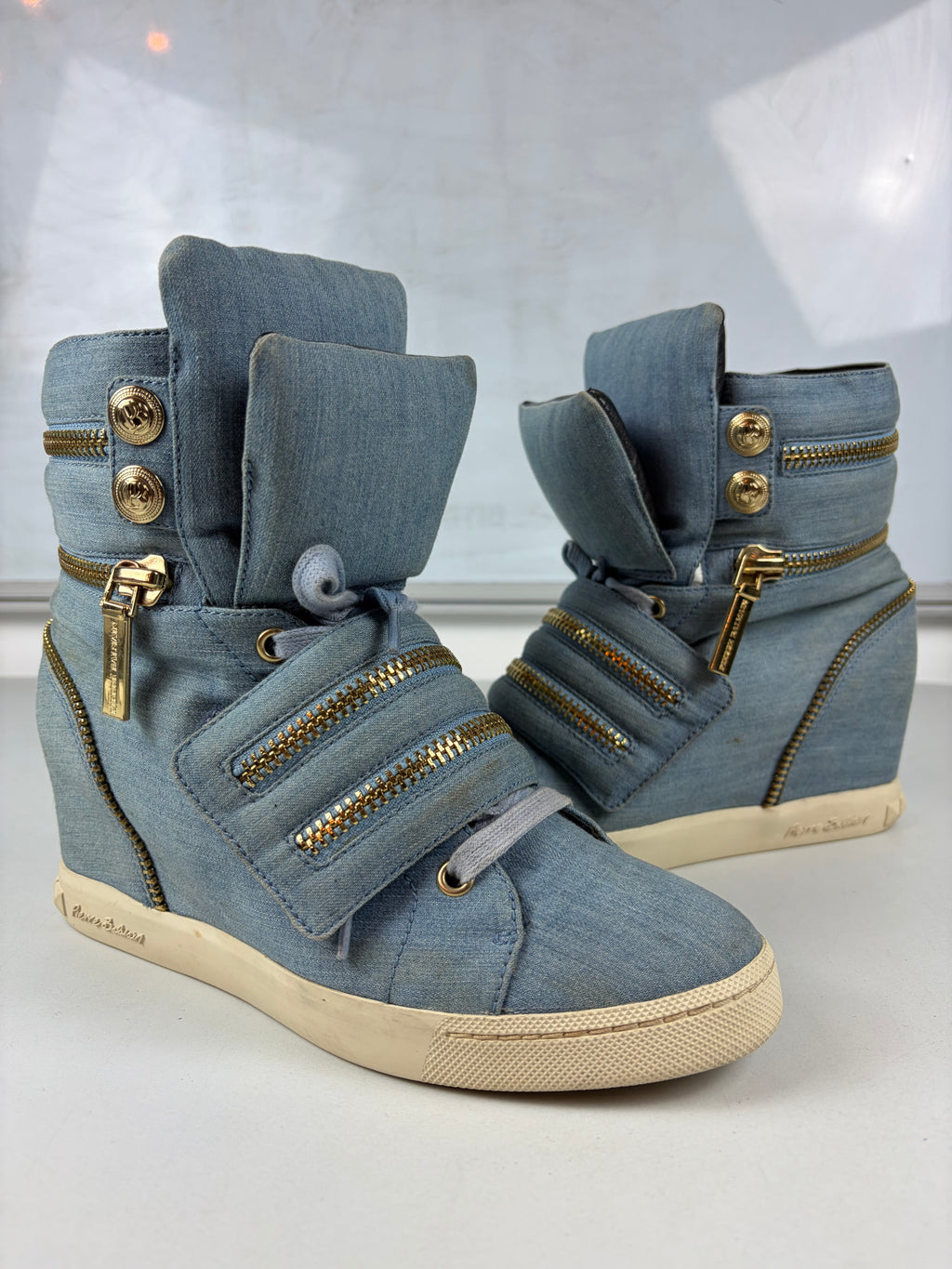 Pierre Balmain denim zipper wedge sneakers - eu 39 / us 8 / uk 6