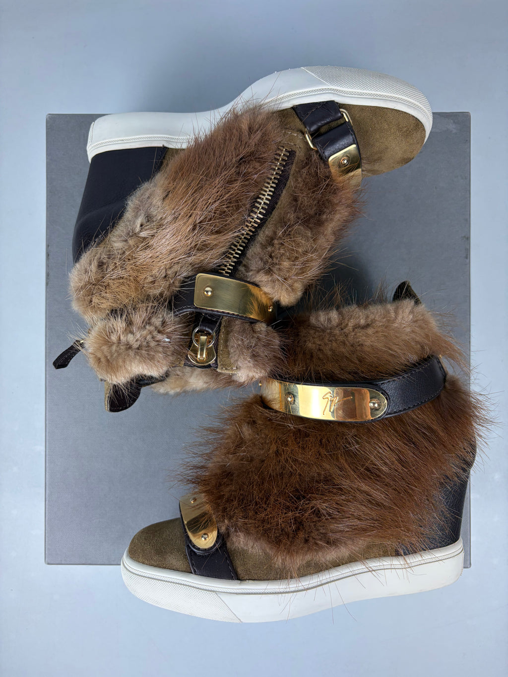 2012 Giuseppe Zanotti beaver fur wedge sneakers - eu 36 / us 6 / uk 3 - brown