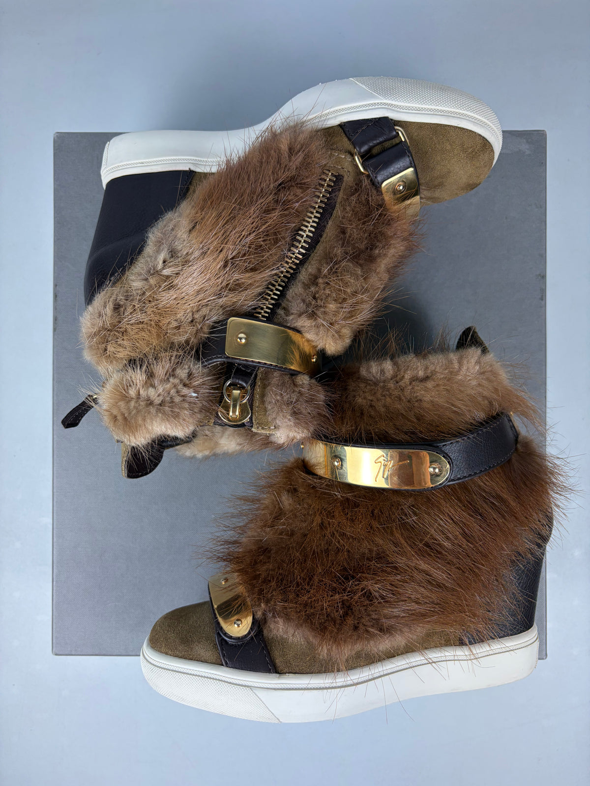2012 Giuseppe Zanotti beaver fur wedge sneakers - eu 36 / us 6 / uk 3 - brown