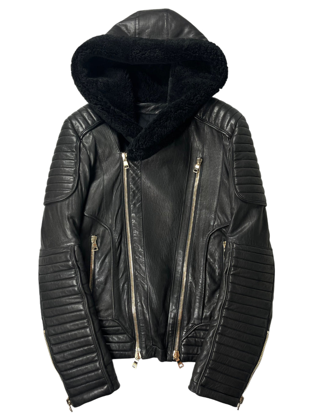 2017 BALMAIN lamb leather fur hooded biker jacket - size M - black