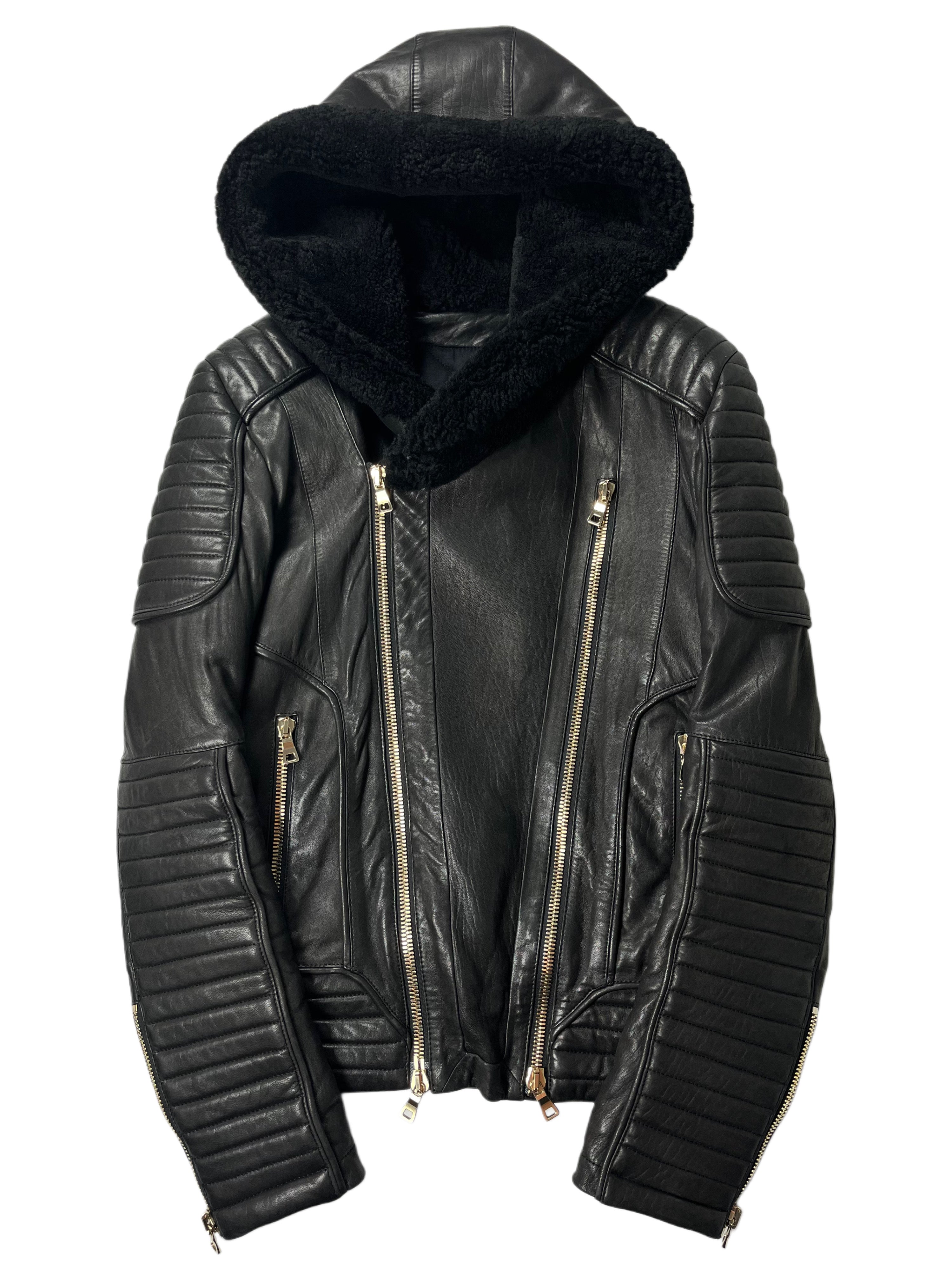 2017 BALMAIN lamb leather fur hooded biker jacket - size M - black