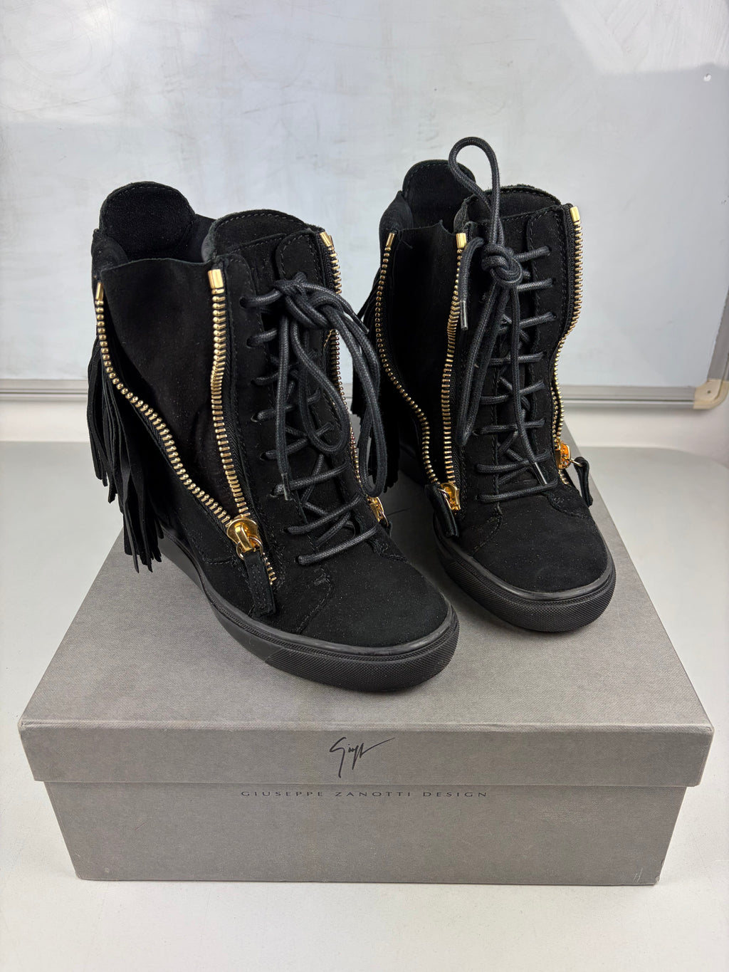 Giuseppe Zanotti black suede fringe wedge sneakers - eu 38 / us 8 / uk 5