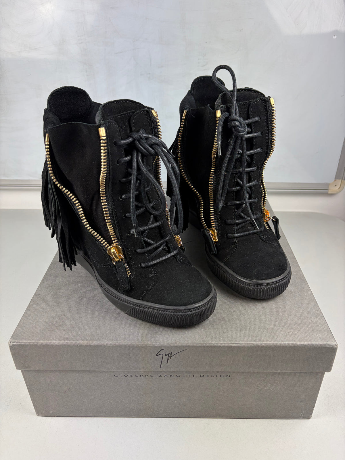 Giuseppe Zanotti black suede fringe wedge sneakers - eu 38 / us 8 / uk 5