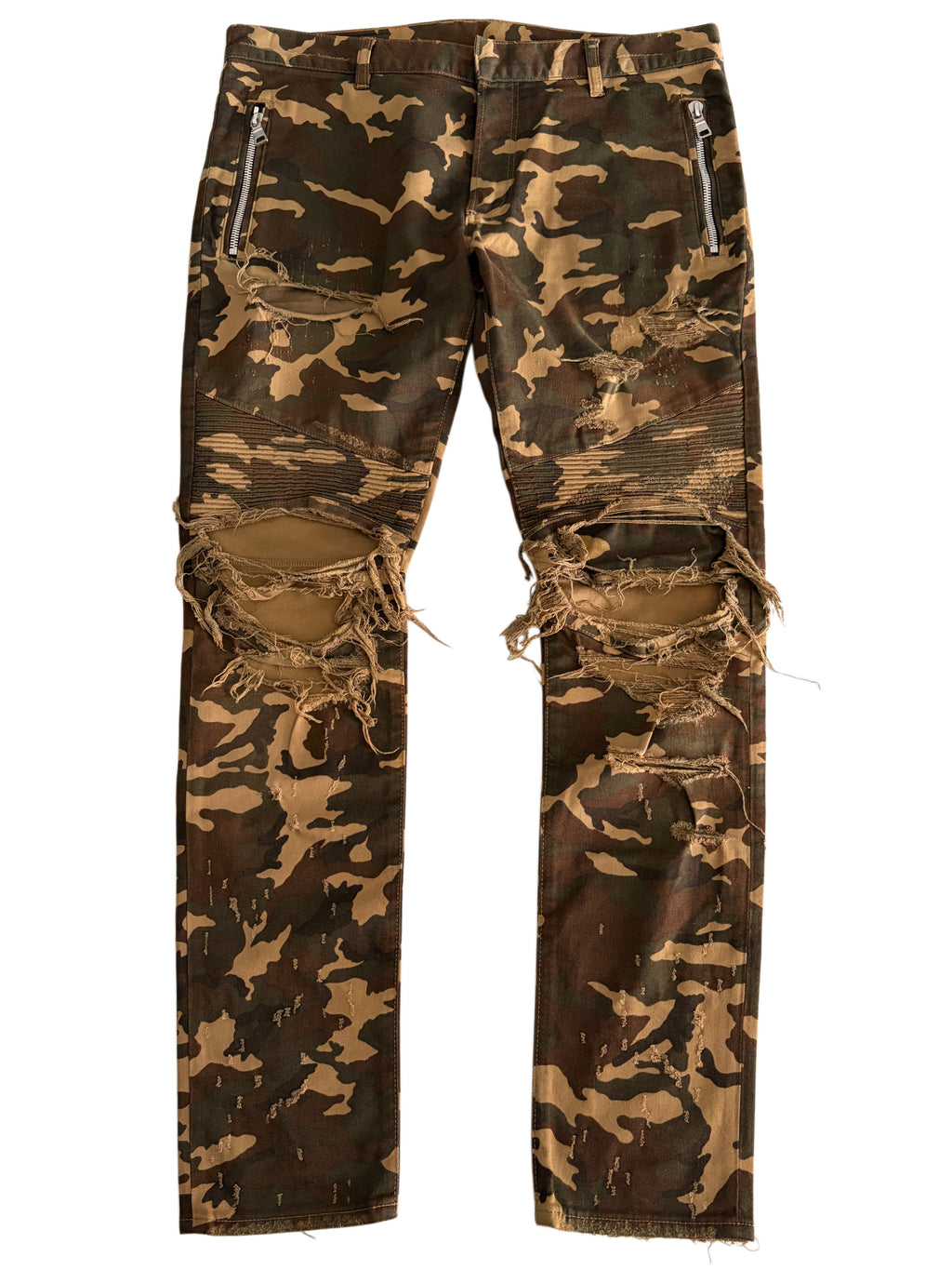 BALMAIN distressed camo biker denim - 34