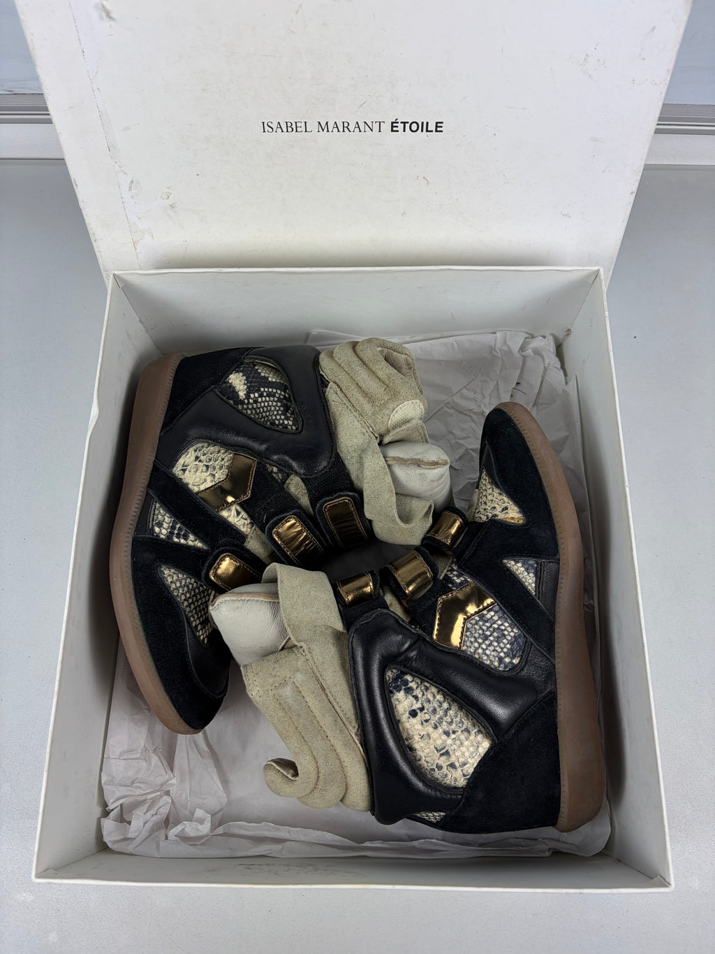 Isabel Marant Bonny python-print wedge sneakers - eu 37 / us 7 / uk 4 - black & gold