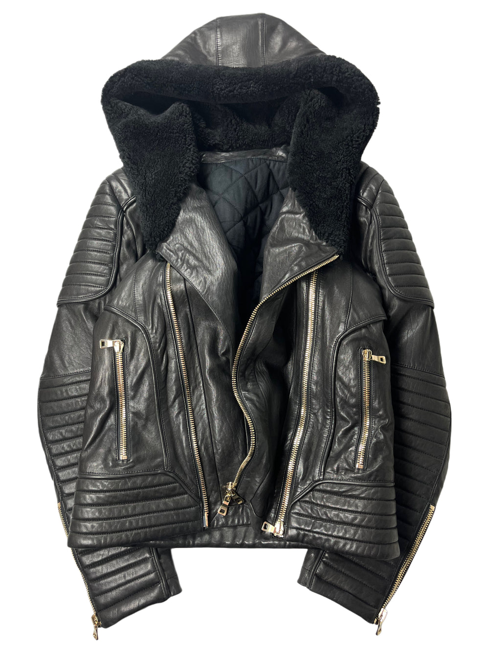 2017 BALMAIN lamb leather fur hooded biker jacket - size M - black