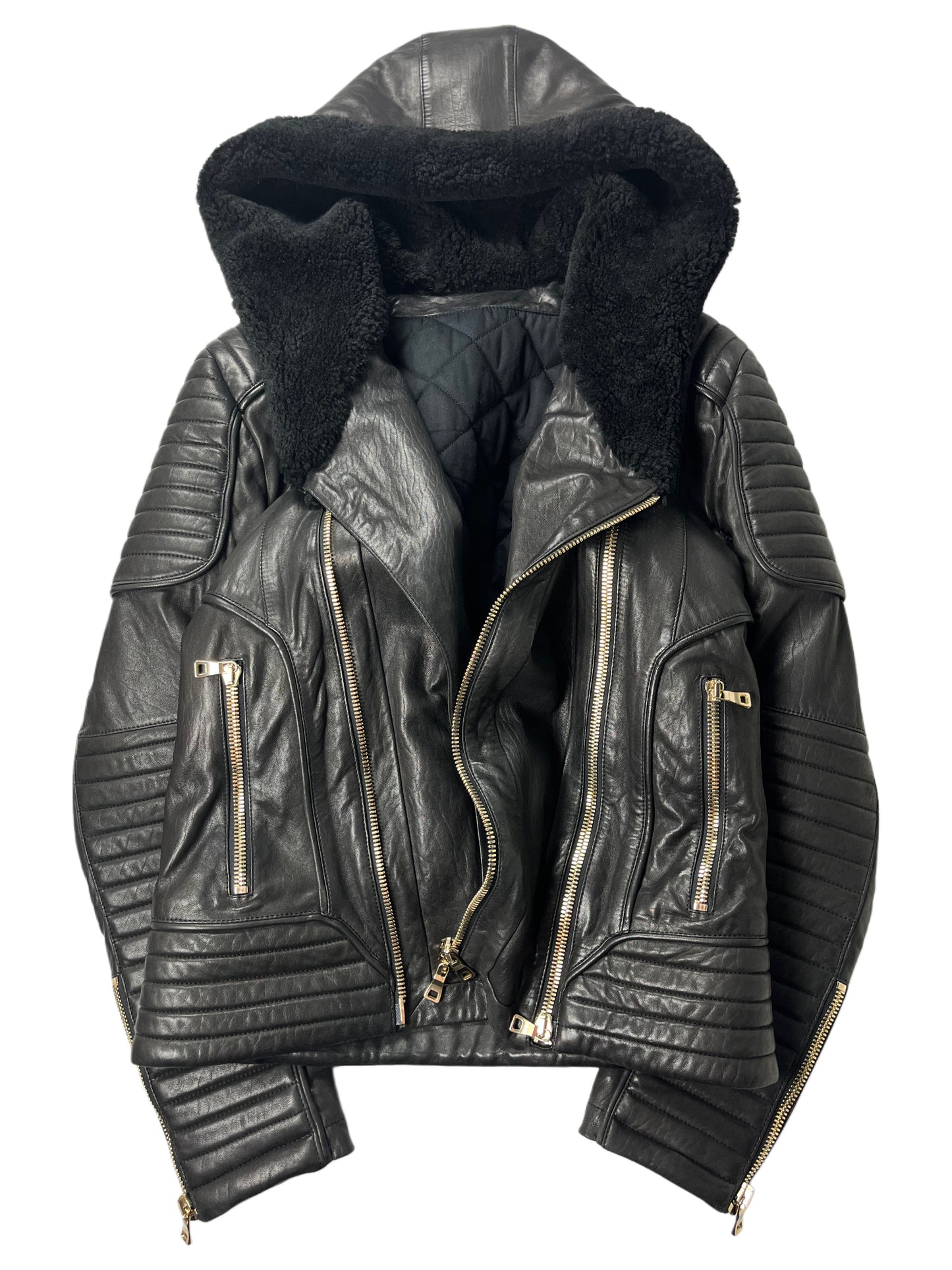 2017 BALMAIN lamb leather fur hooded biker jacket - size M - black