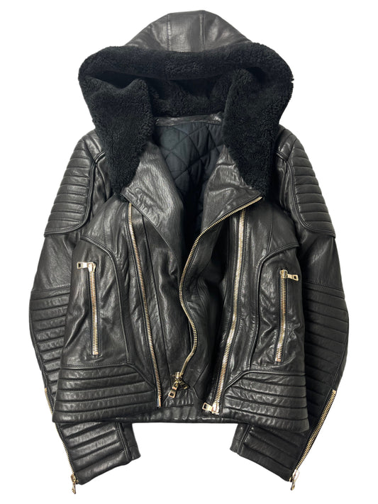 2017 BALMAIN lamb leather fur hooded biker jacket - size M - black