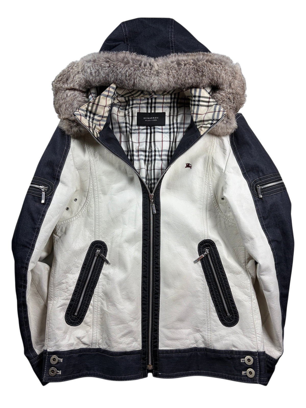 00’s BURBERRY Black Label leather & denim rabbit fur hooded jacket (S/M) - white & navy