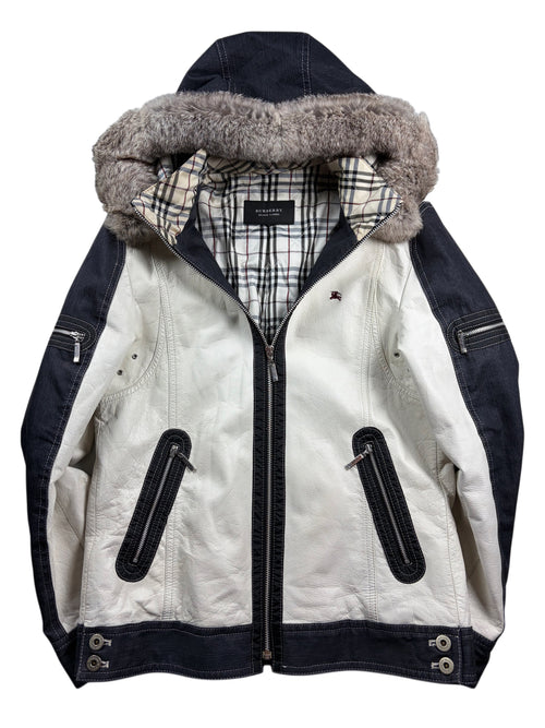 00’s BURBERRY Black Label leather & denim rabbit fur hooded jacket (S/M) - white & navy