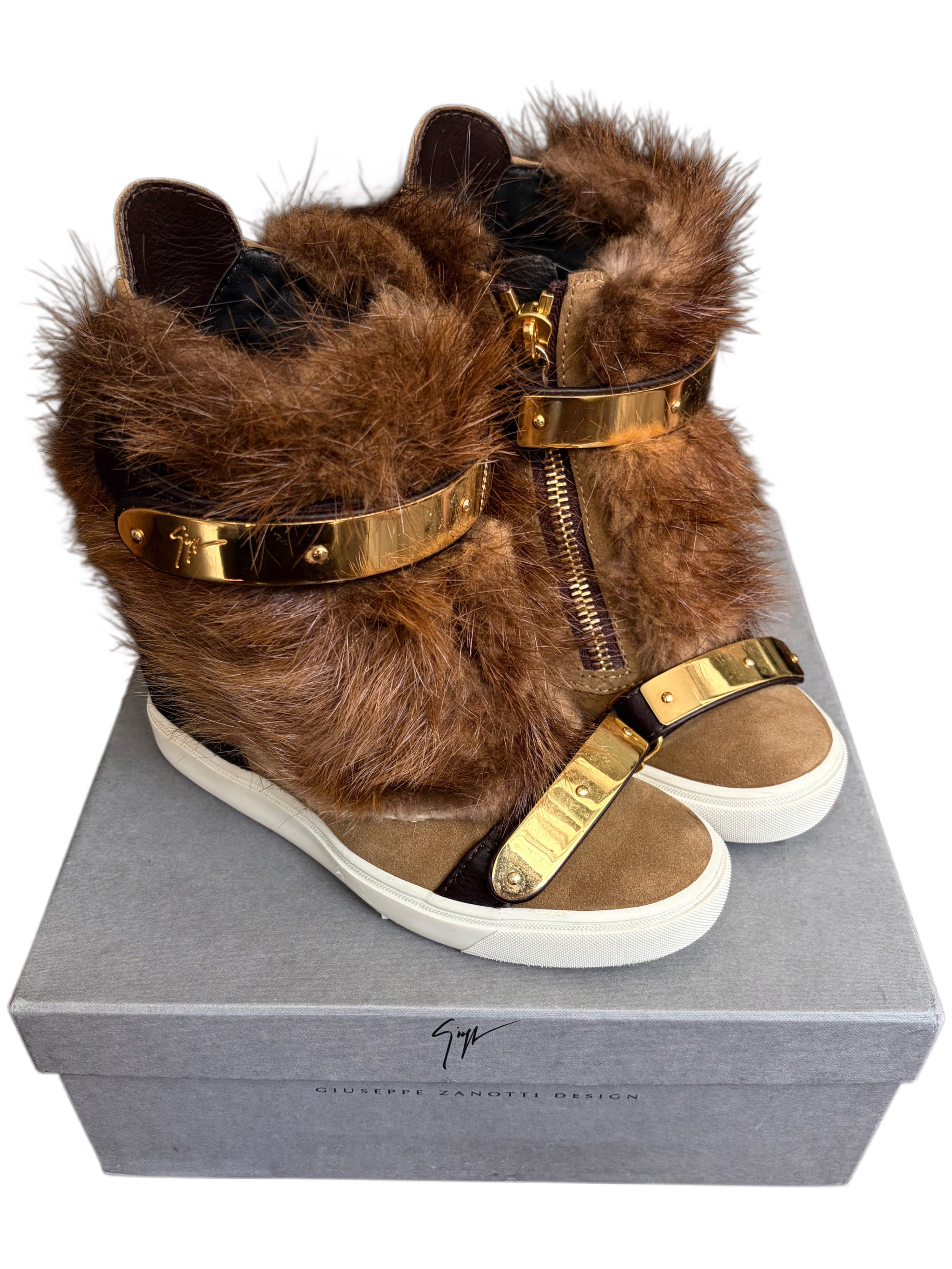 2012 Giuseppe Zanotti fur wedge sneakers - eu 39 / uk 6 / us 8 - brown