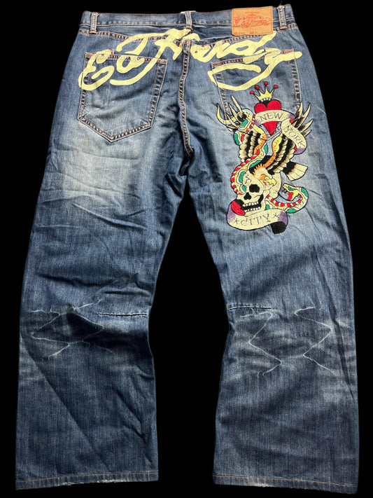 ED HARDY BAGGY EMBROIDERED JEANS (38x34)