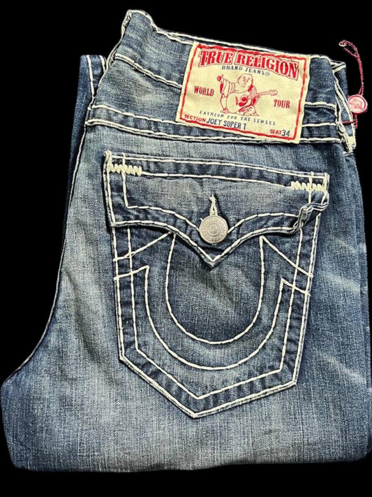 TRUE RELIGION JOEY SUPER T WHITE THICK STITCH JEANS (34)